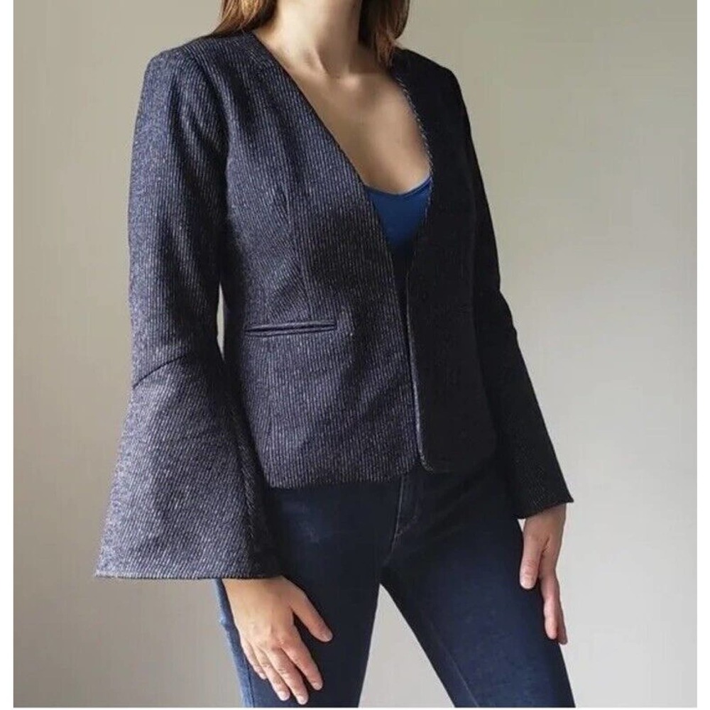 Anthropologie Cartonnier NWOT Wool Blend Bell Sleeve Pinstripe Jacket Navy Blue